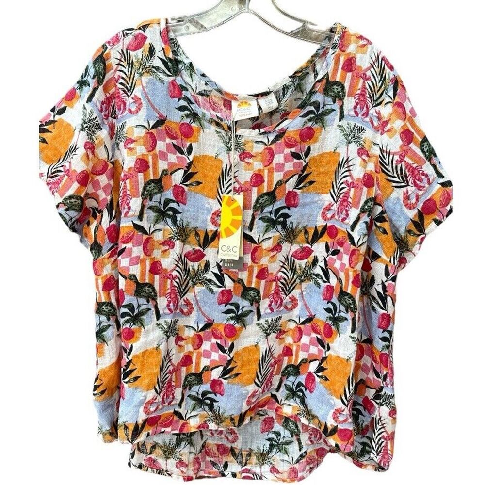 C &‎ C CALIFORNIA Women's LINEN Bird Lobster Lagenlook Short Sleeve Top 2X Plus